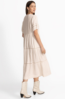 Robe midi ample en gaze 100 % coton fabriquée en Inde, écologique, avec dentelle, manches bouffantes, col en V, motif uni, anti-plis