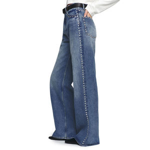 Pantalones vaqueros rectos delgados Vintage para mujer, pantalones holgados OEM, tachuelas de cristal, logotipo de cintura media, gran oferta, fabricante de mezclilla con tachuelas - Product Image 1