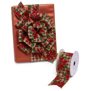 Poinsettia Christmas <b>Ribbon</b> on <b>Red</b> Gingham Wired Christmas <b>Ribbons</b> - Product Image 1