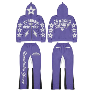 Custom Purple <b>White</b> Star Print Men's Hoodie Jogger Set <b>Zip</b> <b>Up</b> Sweatshirt Tracksuit Custom Brandwear Winter - Product Image 1