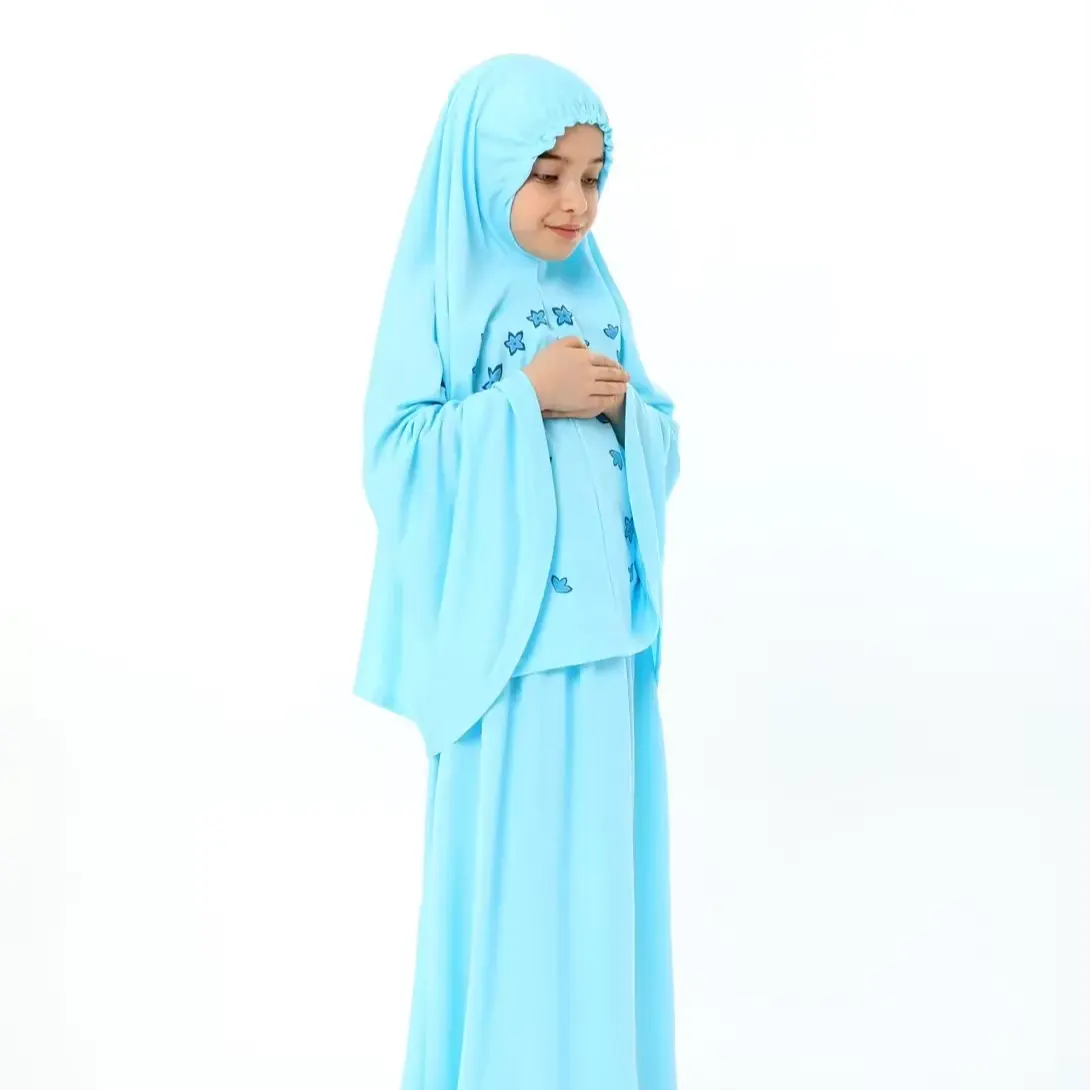 Vestido de oración superventas de color azul de dos piezas con estampado de estrellas para niños musulmanes Turquía % 100 algodón
