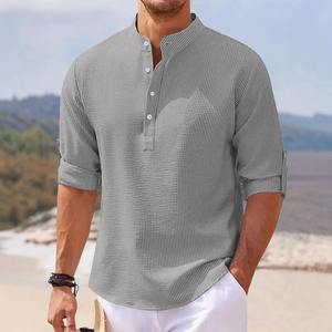 Polo de manga media para hombre de verano Waffle Casual suelto cuello alto botón Polo traje para hombre - Product Image 6