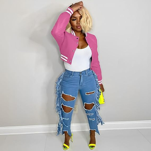 เสื้อแจ็คเก็ตกีฬาแขนยาวสำหรับผู้หญิงเสื้อแจ็กเก็ตเบสบอลสีชมพู - Product Image 6