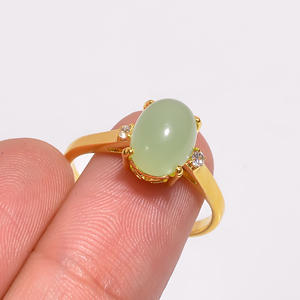 Anillo de compromiso de fiesta de boda chapado en oro de estilo clásico de Plata de Ley 925 corte ovalado Aqua Calcedonia piedra preciosa regalo para mujer - Product Image 3