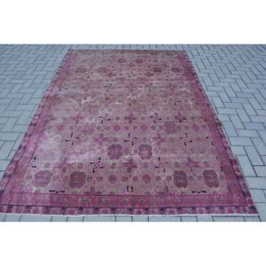 Alfombra turca vintage de 5,8x8,2 pies, respaldo de látex de lana púrpura rosa, 9x12, estilo rectangular Tabriz, abstracto para entrada, pasillo, sala de estar - Product Image 1