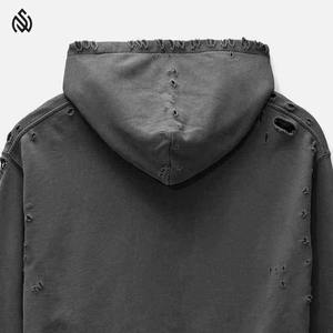 100% coton poids lourd en détresse sweat à capuche blanc hommes à capuche Vintage hiver complet en détresse hommes sweats à capuche - Product Image 2