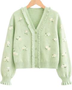 Cardigan en tricot vert menthe personnalisé pour femme avec imprimé floral, col en V à volants, boutonné devant, mode d'hiver mignonne - Product Image 1