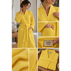 Peignoir de luxe 100% coton interlock tricoté gaufré unisexe pour hôtel et spa, prêt à être expédié, fabriqué en Turquie, jaune - Product Image 3