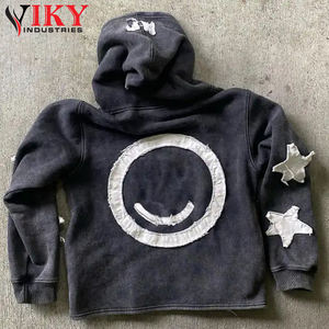 Sudadera con Capucha para Hombre de Primera Calidad, Vintage, con Apliques Bordados, Lavada al Ácido, Desgastada, con Cierre, de Algodón y Poliéster, Transpirable y de Secado Rápido - Product Image 2