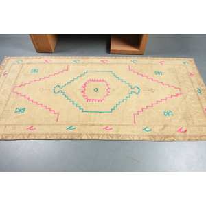 Alfombra de lana beige Bohemia grande 3,3X7,1 pies diseño de retazos de estilo clásico turco para dormitorio pasillo rectángulo 4m de ancho látex - Product Image 3