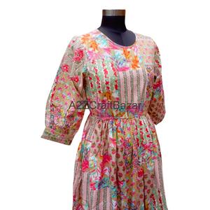 Robe mi-longue vintage pour femme, col rond, imprimé floral, coupe évasée, manches 3/4, tissu en coton respirant et écologique - Product Image 5