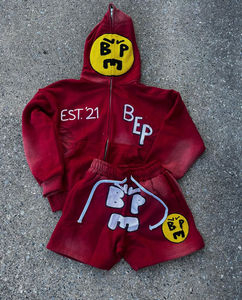 Ropa de calle personalizada para hombre, chándal vintage desteñido al sol, sudadera transpirable, conjunto corto de sudor, diseño tejido bordado personalizado - Product Image 5