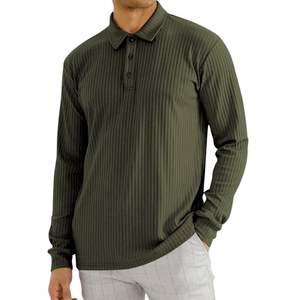 Polo de Manga Larga Verde Oliva con Rayas Verticales Texturizadas de Alta Calidad Personalizado para Hombre, Top Informal de Negocios - Product Image 1