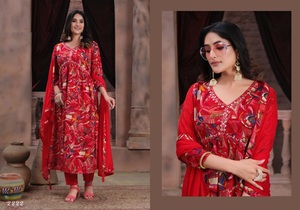 Kurti de style vintage imprimé rayonne fantaisie avec pantalon Nazneen lourd avec dentelle à quatre côtés pour la fête - Product Image 4