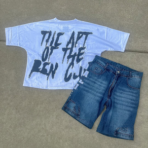 Meilleurs ensembles d'été pour hommes short en jean T-shirt à manches courtes de haute qualité Ensemble d'été vintage avec logo personnalisé Ensemble 2 pièces respirant pour hommes - Product Image 4