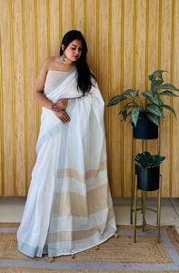 Saris de lino informales modernos estampados digitales ecológicos tela transpirable ligera para fiestas de invierno al por mayor - Product Image 6