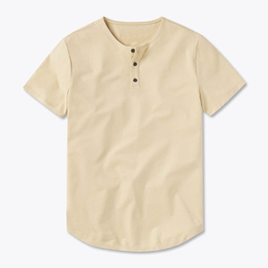 Top ขายเนยนุ่ม62% โพลีเอสเตอร์33% ผ้าฝ้าย5% Spandex ลายเซ็นพอดี Henley Curve-Hem หินทรายเสื้อ - Product Image 4