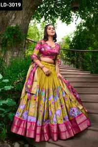 ชุดแต่งงานผ้าไหมโดลาที่สวยที่สุดสำหรับผู้หญิงพิมพ์ลายกาลัมคาริพร้อมชุดกระโปรงผ้า zari ที่มีขอบ lehenga choli - Product Image 3