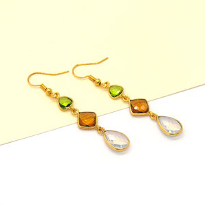 Pendientes Colgantes Hechos a Mano con Forma de Flor Bohemia y Múltiples Piedras Preciosas para Boda |   Peridoto, Citrino, Opalita |   Chapado en Oro de 18K - Product Image 4