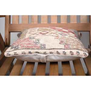 Beige Wool Kilim Patchwork Pillow 14x14 Inch Luxurious Vintage <b>Fluffy</b> Embroidered Rustic Throw Pillow for <b>Bedding</b> or Floor Use - Product Image 5