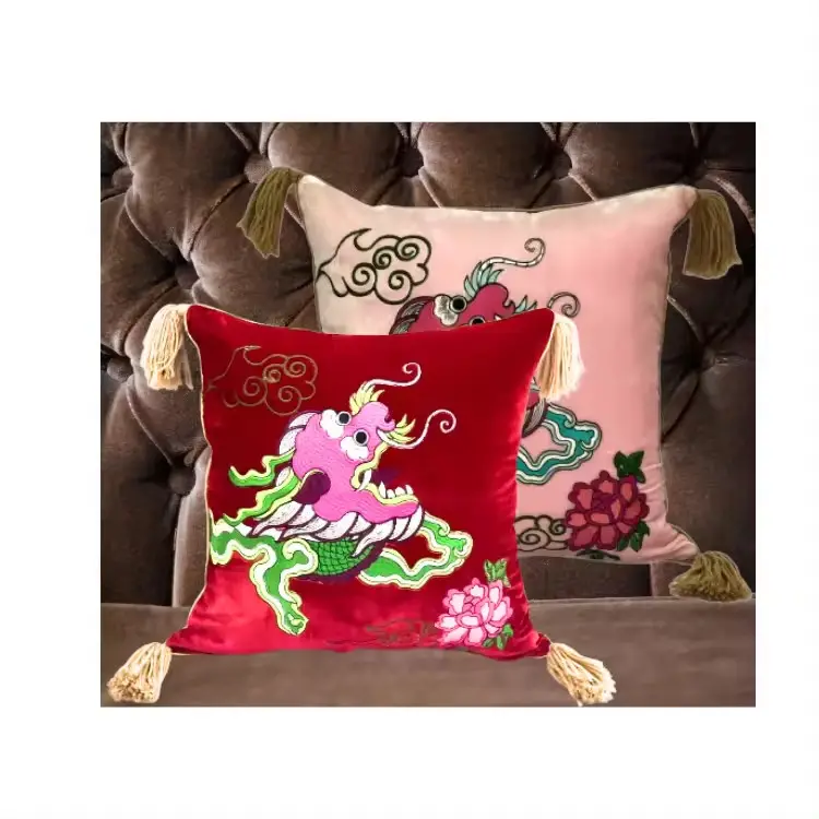 Fundas de almohada de terciopelo Colorido Arte de cabeza de dragón moderno Látex bordado fino con borde de tubería y borlas Audaz Artístico colorido