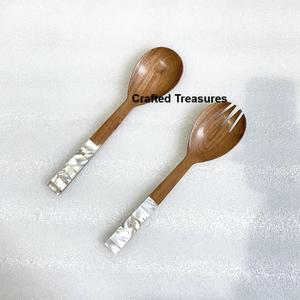 Ensemble de vaisselle en bois et émail fait à la main haut de gamme couverts à salade cuillère et fourchettes couverts pour la cuisine à domicile - Product Image 5