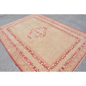 Vintage turc 6ft X 9ft grand tapis Beige rouge Patchwork Design fait laine fausse fourrure de lapin Latex pour couloir chambre décor - Product Image 4