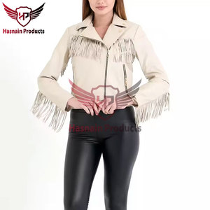 Womens Real Beige Leather <b>Jacket</b> Fringe Yoke Tassels Belted Sheepskin Cream <b>Western</b> Cowgirl Biker Coat Custom Winter Outerwear - Product Image 3