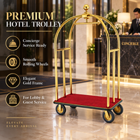 Bellboy Gepäckwagen mit Goldkugel-Endstück, Edelstahl, Roter Teppich Plattform, 8 Zoll Leise Laufrollen, Hotel-Lobby-Service