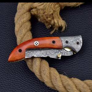 Navaja de Bolsillo Plegable de Acero de Damasco de 8'' Hecha a Mano, Personalizable, de Grado DIY, con Mango de Madera, Navaja Utilitaria para Él, Soporte OEM - Product Image 2