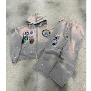 Custom Distressed <b>Embroidery</b> Patch Hoodie Acid Wash Boxy Fit Vintage Zip Cotton Sweatpants Jogger Tracksuit <b>Set</b> Bulk Wholesale - Product Image 2