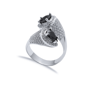 Black CZ Stone Double Side Pear Stony Cluster <b>Adjustable</b> <b>Silver</b> <b>Ring</b> Wholesale Handmade 925 <b>Sterling</b> <b>Silver</b> - Product Image 1