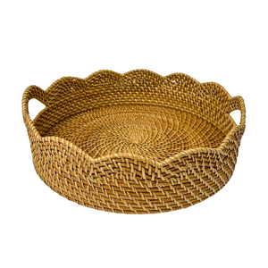 Plateau de rangement rond en rotin avec bord ondulé, design bohème, pour organiser la table, matériau naturel non fini, à un seul niveau - Product Image 1
