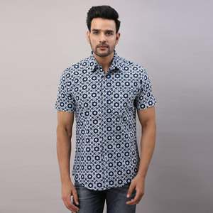 Men's Casual Blue Poplin Cotton Printed <b>Shirt</b> <b>Button</b>-Up Collar Breathable Business Dress Sizes XL to 6XL ODM Supply - Product Image 2