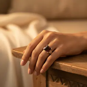 Anillo de Hombre Estilo Hip Hop con Incrustaciones de Plata y Piedra Cuadrada de Ágata Marrón, Chapado en Rodio, Regalo de Boda - Product Image 1