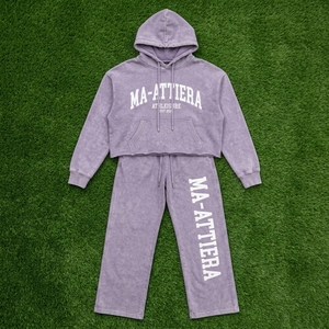 Custom Women Acid Wash Lavender <b>Crop</b> Hoodie Wide Leg <b>Jogger</b> Set Cotton Fleece Streetwear Tracksuit OEM Wholesale - Product Image 6