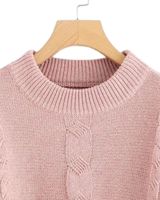 Pull en tricot torsadé pour femme, manches longues, col rond, doux, chaud, décontracté, tendance, en rose clair, confortable