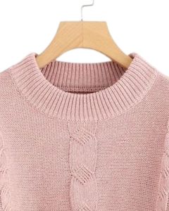 Pull en tricot torsadé pour femme, manches longues, col rond, doux, chaud, décontracté, tendance, en rose clair, confortable - Product Image 4