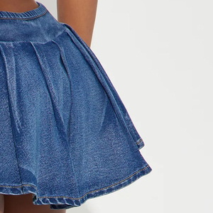 Alta calidad verano nueva minifalda transpirable ancho plisado vestido de mezclilla de Color sólido para mujer - Product Image 4