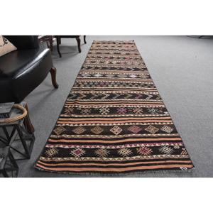 3x10.9 ft Rug, Vintage Turkish Rug, Black <b>Brown</b> Patchwork <b>Wool</b> Rug - Product Image 3