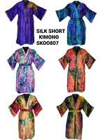 Kimono de créateur en pure soie, col en V, manches longues, motif uni, longueur genou, style vintage, coupe droite, décontracté, pour soirée, taille naturelle