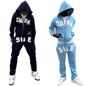 Ensemble pantalon de survêtement et sweat à capuche avec appliques évasées personnalisées Survêtement unisexe Ensemble de jogging avec patchwork en détresse pour hommes avec fermeture éclair complète - Product Image 1