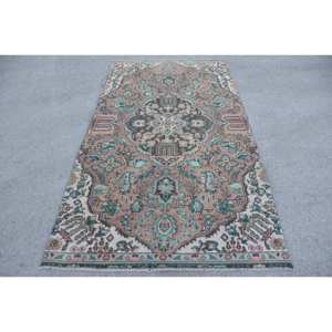 Classic <b>Brown</b> Blue Vintage Turkish Rug 4.4 X 7.9ft Handmade Patchwork Design <b>Wool</b> Bamboo Silk Material Latex Backing for Living - Product Image 1