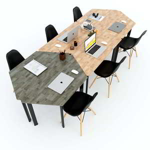 Set of 6 Trapezoidal <b>Tables</b> Modern Design with Oval Iron Legs Lego-Style Meeting <b>Tables</b> Made From Rubber Wood-HBLG023 - Product Image 1