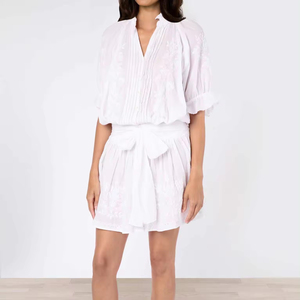 Robe Blouse Bohème Élégante Blanche 100% Coton avec Broderie Florale, Manches Bouffantes, Taille Naturelle Ajustable à Nouer, Écologique, Automne - Product Image 1
