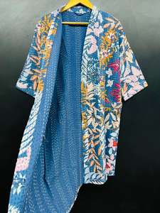 Veste unique pour femmes, écologique, matelassée, à rayures, col en V, robe kimono indienne faite à la main, vêtements d'hiver, 100% coton, cadeau pour elle - Product Image 2