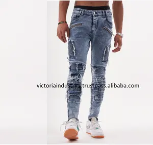 Quần Jean Vá Thêu Chất Lượng Cao Quần Jean Denim Rách Cao Thương Hiệu Tùy Chỉnh Quần Denim Rách Thô Cho Nam