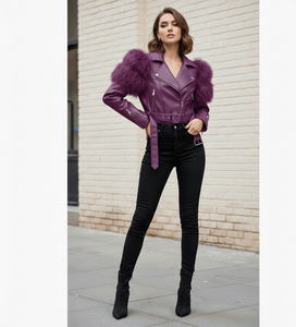 High Quality Women's Motorcycle Leather Jacket Dyed Finish Embroidery Pearls <b>Polyester</b>/Faux Fur Lining Viscose Lining Option - Product Image 2