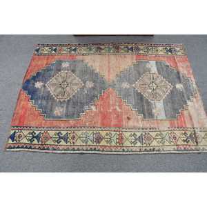 4.1x5.6 ft Rug, Vintage Turkish Rug, <b>Red</b> Floral <b>Wool</b> Rug - Product Image 3