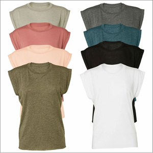 Camiseta sin mangas con músculos Flowy Scoop para mujer, Camiseta con cuello redondo fluido para mujer, Camiseta holgada con puños enrollados para mujer, camiseta muscular - Product Image 1